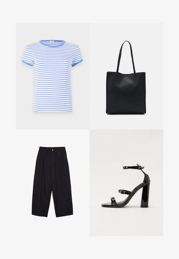 Kurzarm-T-Shirt in Weiß mit schmalen blauen Streifen. Rippkragen und -bündchen in Blau; weicher Baumwollstoff und normale Passform.; Schwarze Polyester-Culotte mit einem elastischen Bund, zwei vorderen Falten und einer lockeren Silhouette. Keine sichtbaren Muster oder Hardware-Details.; Schwarze patentierte Sandalen mit Absatz, quadratischer Spitze, Knöchelriemen und silbernen Schnallen. Mit einem stabilen Blockabsatz für mehr Stabilität.; Schwarze Laptoptasche aus Leder mit glatter Textur, rechteckiger Form und zwei langen Griffen. Keine sichtbaren Beschläge oder Verzierungen.