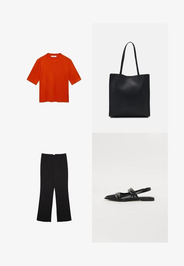 T-shirt arancione a maniche corte realizzato in tessuto morbido, con collo rotondo e vestibilità rilassata, orlo dritto e senza motivi visibili.; Pantaloni neri a gamba dritta, con tasche frontali e spacchi laterali all'orlo. Realizzati in tessuto morbido e liscio. Adatti a diverse occasioni.; Even&Odd Ballerine sling - black; Borsa tote in pelle nera con texture liscia, forma rettangolare e due manici lunghi. Nessun hardware o decorazione visibile.