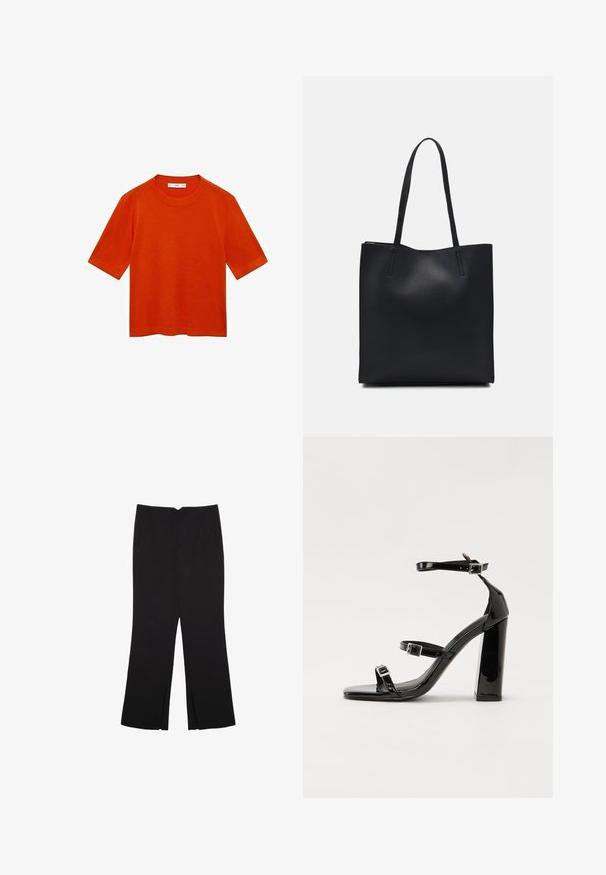 Kortærmet orange t-shirt lavet af blødt stof, med rund hals og en afslappet pasform, lige kant og uden synlige mønstre.; Sorte bukser med lige pasform, der har frontlommer og slidser i kanten. Lavet af blødt, glat stof. Velegnet til forskellige anledninger.; Sorte patenterede hælsandaler med firkantet tå, ankelremme og sølvspænder. Har en chunky blokHæl for stabilitet.; Sort læder tote taske med glat tekstur, rektangulær form og to lange hanke. Ingen synlig hardware eller udsmykninger.