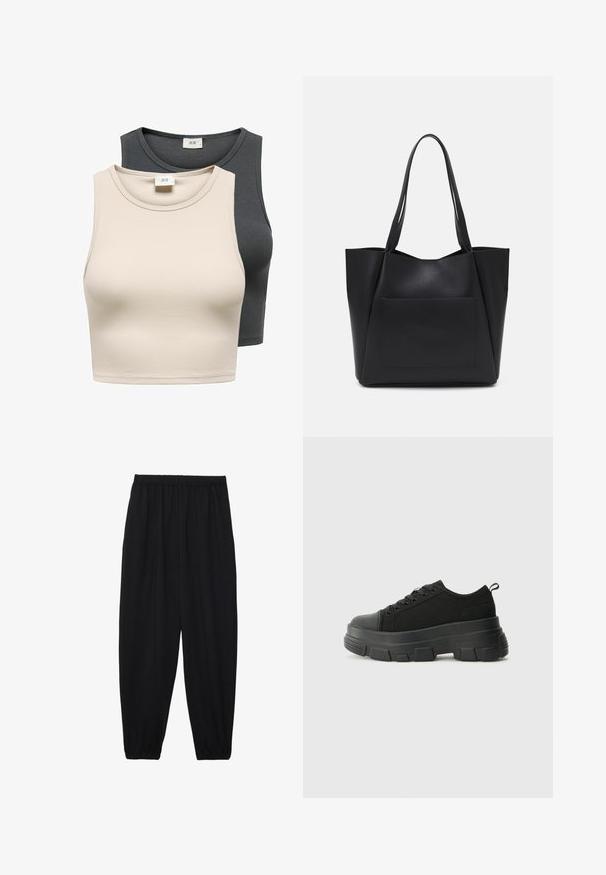 Twee mouwloze geribbelde crop tops in lichtbeige en donkergrijs. Heeft ronde halslijnen en een aansluitend ontwerp. Labels zichtbaar op beide.; Zwarte, lichte broek met een elastische tailleband en gathered enkels. De stof is glad en heeft een ontspannen, taps toelopend ontwerp.; Zwarte sneakers met een stevige rubberen zool, textiel bovenwerk, ronde neus en vetersluiting. Beschikt over versterkte oogjes en een trekstrip aan de achterkant.; Zwarte tote bag van soepel synthetisch materiaal, met twee lange handvatten en een voorzak. Open bovenkant met hoekig ontwerp.