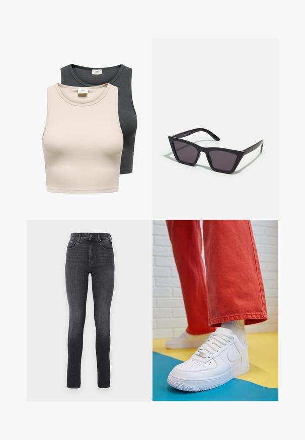 Twee mouwloze geribbelde crop tops in lichtbeige en donkergrijs. Heeft ronde halslijnen en een aansluitend ontwerp. Labels zichtbaar op beide.; Hoge taille skinny jeans in donkergrijs denim, met een gladde textuur, voorzien van voorzakken en een metalen knoopsluiting bij de tailleband.; Witte leren sneaker met geperforeerde teenbox, gestructureerde zool en witte veters, gecombineerd met wijde rode broeken en een blauw-geel achtergrond.; Zwarte, hoekige zonnebril met grijze lenzen; gemaakt van plastic, met dikke armen met een gladde oppervlakte en zonder zichtbare hardware.