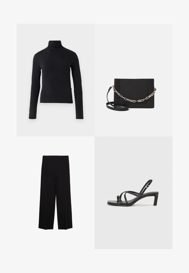 Crna majica dugih rukava s visokim ovratnikom izrađena od mekog, rastezljivog materijala. Ima visoki ovratnik i prilagođeni kroj bez ukrasa.; Crne hlače širokog kroja od glatkog materijala, s plisama sprijeda i bočnim džepovima, dizajnirane s ravnim, opuštenim krojem.; Crne sandale s trakama, kvadratnim prstom i niskom blok petom. Ima više tankih trakica i podesivu trakicu oko gležnja. Izrađene su od glatke kože.; Crna kožna torba preko tijela s glatkom teksturom, pravokutnim oblikom i metalnim lancem na prednjoj strani. Uključena je podesiva naramenica.
