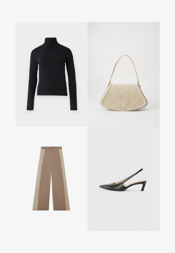 Black long-sleeve turtleneck top made from a soft, stretchy fabric. Features a high neck and fitted silhouette with no embellishments.; Brown wide-leg trousers with beige side panels, featuring a flat front, hidden pockets, and a smooth texture. Tailored design and clean lines.; Black pointy-toed slingback shoe with a low heel, featuring smooth leather material and cut-out design on the side for breathability.; Beige suede handbag with a rounded triangular shape, a single strap, and a gold-tone hardware accent on the front.