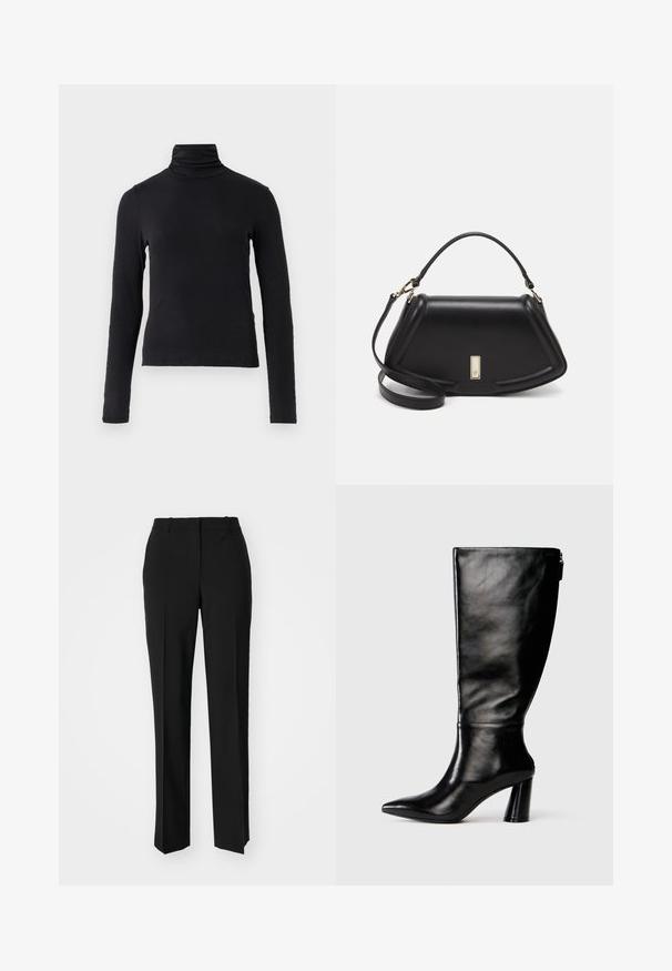 Black long-sleeve turtleneck top made from a soft, stretchy fabric. Features a high neck and fitted silhouette with no embellishments.; Black tailored trousers with a straight-leg design, featuring a smooth texture and crisp creases along the front. No visible hardware.; Knee-high black leather boot with a pointed toe, smooth texture, and a chunky heel. Features a zipper detail at the back.; Black leather handbag with a structured design, featuring a cropped shape, top handle, and gold hardware accent. Adjustable shoulder strap included.