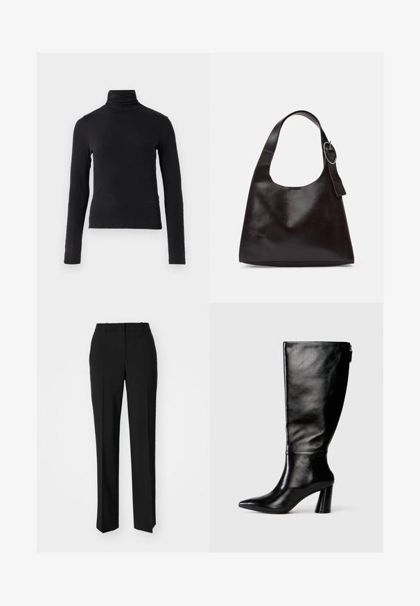 Top de manga longa preto com gola alta, feito de um tecido macio e elástico. Apresenta uma silhueta ajustada e sem adornos.; Calças pretas de corte ajustado com um design de perna reta, apresentando uma textura lisa e pregas bem definidas na frente. Sem hardware visível.; Bota de couro preta até o joelho com bico fino, textura lisa e salto robusto. Possui um fecho de zíper na parte traseira.; Bolsa de ombro em pele castanha com uma textura suave, forma arredondada, alça larga e um detalhe metálico circular na pega.