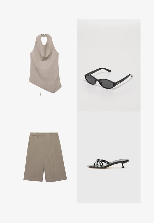 Asymetrický béžový top vyrobený z hladké tkaniny, s halter krkem, splývavou přední částí a zadním zapínáním na knoflík s mašlí na lemu.; Béžové skládací šortky se rovně střiženým střihem, s poutky na opasek a bočními kapsami. Vyrobeny z hladké, lehké látky.; Černé lakované kožené skládacím sandály s vícepruhovým designem, nízkým kočičím podpatkem a hladkou, plochou podrážkou. Obsahuje mašlový akcent uprostřed.; Černé sluneční brýle s zaoblenými skly, lesklým plastovým rámem a zlatým logem "QUAY" na boku. Mají tmavá tónovaná skla.; Černá kožená hobo kabelka s křivkovým siluetou, jedním ramenním popruhem a zipovým uzávěrem na vrchu. Hladký povrch s minimálními kovovými akcenty.