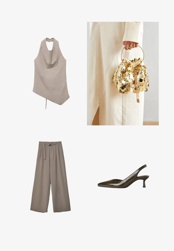 Asymmetrisk beige top lavet af glat stof, har en halterneck, draperet front og knaplukning bagpå med en bindedetalje i kanten.; Vide ben bukser i et blødt, afdæmpet grå stof, med en bælte i taljen og plisseringer for ekstra designdetalje. Glat tekstur, ingen mønstre.; Olivengrøn slingback pumpe med spids tå og en lav, slank hæl. Blank overflade med en let krøllet finish.; Guld paliettrækkevogn med et cirkulært håndtag, der har skinnende runde paljetter og et tekstureret stof. Dimensioner er ikke angivet.