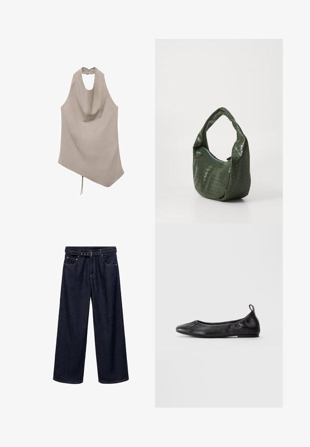 Asymmetrisk beige topp i mjukt tyg, har halterneck, draperad front och knappstängning bak med en knytning vid fållen.; Mörkblå vida jeanstights i denim. Har en bältesmidja med flera knappar, framfickor och en ren finish vid fållarna.; Svart läderballettskor med rund tå, sammang draget elastiska sidor och en dragflik vid hälen, uppvisade mot en ljus bakgrund.; Grön vävd läderväska med ett böjt handtag och dragkedjestängning. Har en texturerad, mönstrad yta och en mjuk, slapp form.; Röda pärlörhängen i hoop-design med en texturerad yta och en guldtonad stiftfäste. Cirkulär form med öppen mitt och rundad pärldetalj.