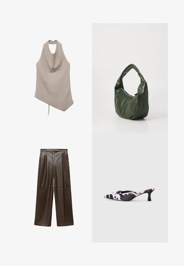 Asymetrický béžový top z hladkej látky, s halter výstrihom, drapovaným predným dielom a uzatváraním na gombík na chrbte, s detailom na viazanie na dolnom okraji.; Hnedé kožené nohavice so širokými nohavicami s hladkou textúrou, s prehybmi vpredu a klasickým dizajnom pása.; Sústredené lodičky s otvorenou pätou v čierno-bielom dizajne s kravskou potlačou. Textilný zvršok s textúrovaným povrchom a štíhly čierny podpätok.; Zelená tkaná kožená taška s prehnutou rukoväťou a zipsovým zatváraním. Obsahuje textúrovaný, vzorovaný povrch a mäkký, uvoľnený tvar.; Červené korálkové kruhové náušnice s textúrovaným povrchom a zlatým postranným zapínaním. Kruhový tvar s otvoreným stredom a zaoblenými detailmi z korálok.
