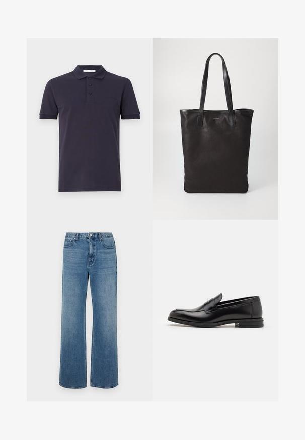 Tengerészeti póló, amely pamutból készült, klasszikus gallérral, három gombos záródással, rövid ujjakkal és diszkrét logóval a mellrészén.; Széles lábú, koptatott kék farmernadrág. Öt zsebből, elülső gombos záródásból és egyenes szabásból áll.; Fekete bőr loaferek sima textúrával, kerek orral és dekoratív pánttal a vampnál. Alacsony, rétegelt sarkú, minimalista dizájn.; Fekete vászontáska fekete bőr füllel. Egyszerű dizájn, tágas test és sima textúra. Nincsenek látható logók vagy minták.