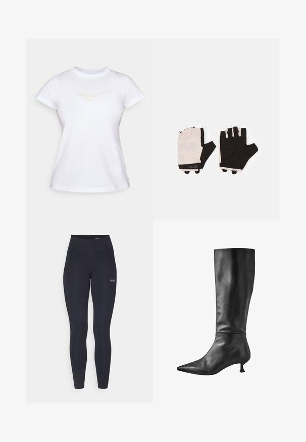 Baltas kokvilnas T-krekls ar īsām piedurknēm un noapaļotu kakla izgriezumu; uz krūtīm ir neuzkrītošs gaišas krāsas logotips.; Melnas legingi ar augstu jostu, izgatavoti no elastīga auduma, ar nelielu baltu logo uz augšstilba un gludu tekstūru.; Melna ādas ceļgala auguma zābaks ar smailu purngalu un mazu blokveida papēdi, ar gludu tekstūru un elegantu siluetu.; Fitness cimdi ar gaiši rozā un melnu dizainu, izgatavoti no elpojoša materiāla, ar regulējamu plaukstas siksniņu un teksturētiem satveršanas akcentiem.