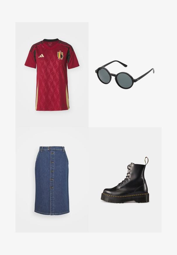 Crvena nogometna majica s geometrijskim dijamantnim uzorkom, crnim akcentima i grbom s žutim i crnim trakama, izrađena od lagane tkanine.; Traper suknja olovka u tamnoplavoj boji, s prednjim zatvaranjem na gumbe, vertikalnim šavnim detaljima i klasičnom rubnom linijom.; Crne kožne čizme s vezanjem do članka, s debelim crnim potplatom i žutim šavom. Imaju traku za povlačenje na stražnjoj strani i okrugle metalne rupice.; Okružne sunčane naočale s crnim plastičnim okvirom i tamnosivim sočivima. Ima tanke, ravne drške s minimalističkim detaljima.