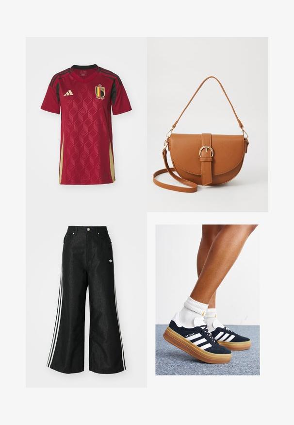 Červený fotbalový dres s geometrickým diamantovým vzorem, černými akcenty a znakem se žlutými a černými pruhy, vyrobený z lehkého materiálu.; Černé široké džíny s třemi bílými pruhy po stranách a malým bílým logem. Obsahují přední kapsy a zapínání na knoflík.; Černé semišové tenisky s bílými pruhy a detaily, zaoblenou špičkou, podrážkou z gumy barvy žvýkačky, doplněné bílými žebrovanými ponožkami ke kotníkům.; Hnědá kožená křížová taška s zakřiveným tvarem, zlatými detaily a akcentem s přezkou. Obsahuje odnímatelný popruh na rameno.