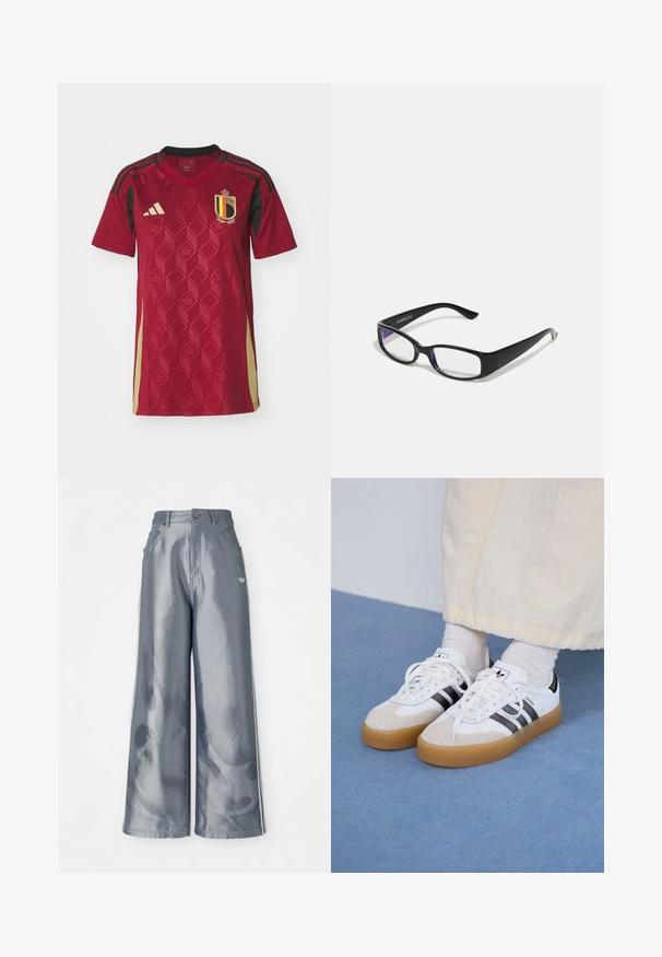 Crvena nogometna majica s geometrijskim dijamantnim uzorkom, crnim akcentima i grbom s žutim i crnim trakama, izrađena od lagane tkanine.; Hlače širokih nogavica od sjajnog sivog materijala, s bijelim bočnim prugama i uzorkom plamena na donjem dijelu nogavica. Zatvaranje na gumb i patentni zatvarač u struku.; Bjele tenisice s crnim prugama i bež suknjom. Imaju teksturiranu gumu potplat i ravne bijele vezice, nošene uz svijetle čarape.; Crne pravokutne naočale s prozirnim lećama. Sjajni finiš, uske krakove i ljubičastu nijansu vidljivu na rubovima leća.