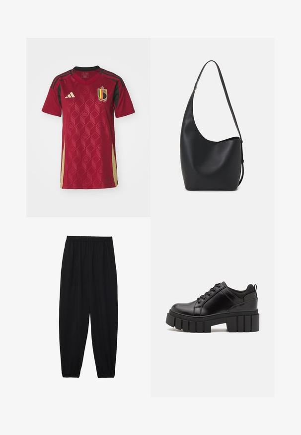 Punane jalgpallisaid, millel on geomeetriline rombikujundus, mustad aktsendid ja embleem kollaste ja mustade triipudega, valmistatud kerge materjali kombineeringust.; Mustad, kerge kangas püksid elastse vöökoha ja kokku volditud pahkluudega. Kanga pind on sile ja disain on lõdvestunud, kitsenev.; Must musta platvormsussid paksu plokkninal, ümmarguse varbaga ja traditsioonilise nööridega kinnitamisega. Sussid on sileda tekstuuriga ja minimaalsete detailidega.; Mustast nahast hobo kott, millel on sile tekstuur, kumer kuju ja üks reguleeritav rihm; peal on lai avaus.