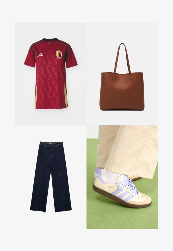 Červený fotbalový dres s geometrickým diamantovým vzorem, černými akcenty a znakem se žlutými a černými pruhy, vyrobený z lehkého materiálu.; Široké tmavé džíny s kontrastním šitím, vysokým pasem a rovnými nohavicemi. Obsahují přední kapsy a klasické zapínání na knoflík.; Krémové a levandulové tenisky se třemi pruhy a texturovanou hnědou podrážkou, vybavené tkaničkami a polstrovanou patou. Měkký textilní svršek.; Hnědá kožená taška přes rameno s hladkou texturou, otevřeným designem a dvěma ramenními popruhy. Obsahuje minimální švy a žádné viditelné kovové prvky.