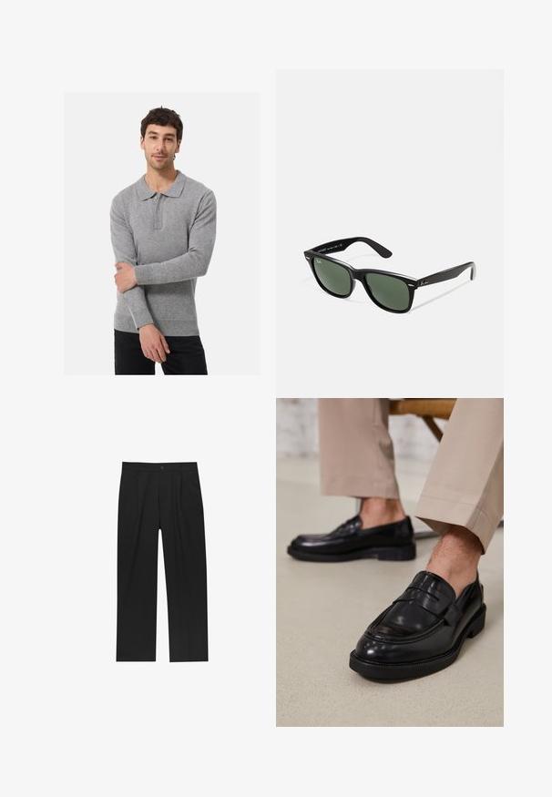 Polo grigia a maniche lunghe realizzata in materiale morbido, con colletto, pattina con bottoni e polsini e orlo a coste.; Pantaloni neri con un design a gamba dritta, realizzati in un tessuto liscio. Presentano pieghe frontali e una chiusura a un bottone in vita.; Mocassini in pelle nera con finitura liscia, dotati di una cintura decorativa e cuciture a contrasto, abbinati a pantaloni beige.; Occhiali da sole in plastica nera con lenti verdi, montatura quadrata, dettaglio argento sulla parte superiore e steli con texture. Marchio indicato sulla parte interna dello stelo.