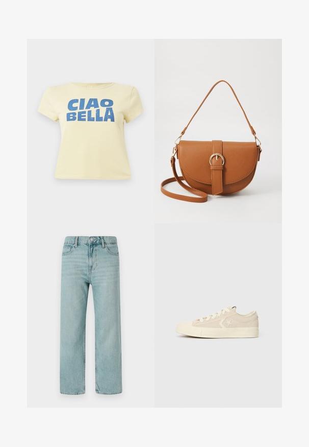 Yellow t-shirt made of cotton, featuring a blue graphic print that reads "CIAO BELLA." Short sleeves and a round neckline.; Light blue wide-leg jeans made from denim, featuring a classic five-pocket design, clean lines, and a regular waistband with a button closure.; Light beige canvas sneaker with a textured finish, rubber toe cap, and round laces. Features a star logo and a low-profile design.; Brown leather crossbody bag with a curved shape, gold hardware, and a buckle accent. Features a detachable shoulder strap.