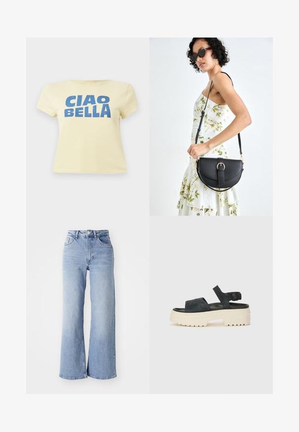 Tricou galben din bumbac, cu un imprimeu grafic albastru care scrie "CIAO BELLA." Mâneci scurte și guler rotund.; Jeans wide-leg de culoare albastru deschis cu talie înaltă, dotate cu buzunare frontale și spate, închidere cu buton și decolorare subtilă pe coapse și margini.; Sandale cu platformă din suede negru, cu talpă albă voluminoasă, curea frontală lată și baretă reglabilă pentru glezna. Talpă texturată pentru aderență.; Geantă din piele neagră, cu o formă curbată, curea detașabilă și accesorii aurii. Geanta are un capac cu un detaliu tip cataramă.