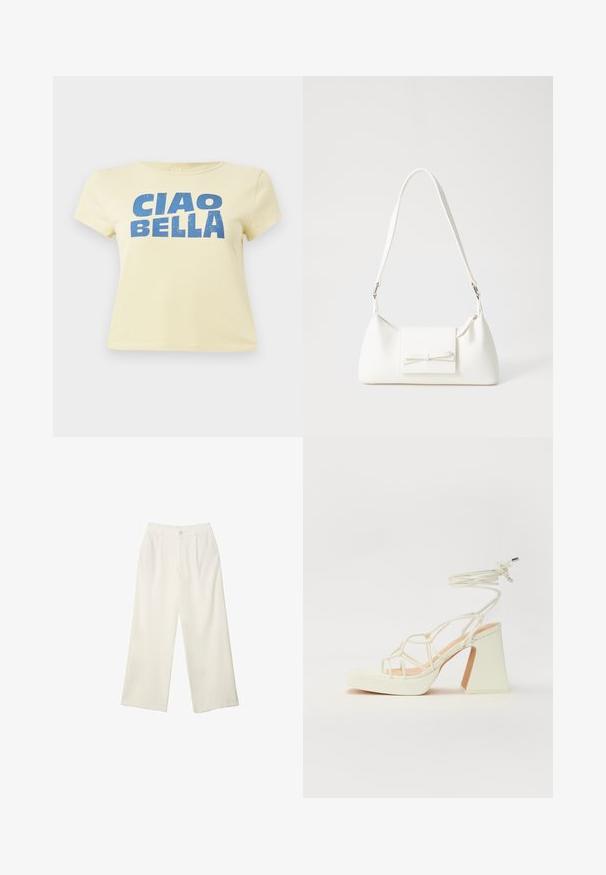 Rumena majica iz bombaža z modrim grafičnim tiskom, ki prikazuje napis "CIAO BELLA." Ima kratke rokave in okroglo ovratnico.; Hlače širokih nogavic iz kremaste tkanine z gladko teksturo, z enim sprednjim gumbom, diskretnimi plisami in visokim pasom.; Bela sandala na visokih petah s debelim petam, ki ima obliko trakcev in vezanje okoli gležnja. Gladka tekstura z platformo spredaj za dodatno višino.; Bela sintetična torbica v obliki trikotnika, z ravnim sprednjim poklopcem in detajlom mašne, nastavljivim trakom, gladko teksturo in minimalističnim dizajnom.