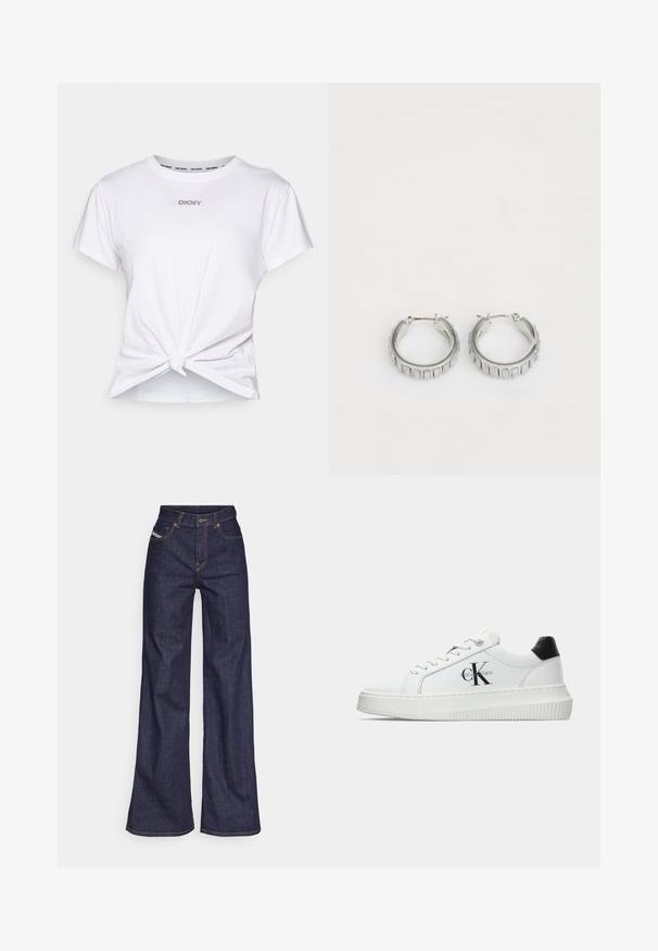 Bílá bavlněná tričko s krátkými rukávy, s uzlovým lemem a logem "DKNY" z kamínků na hrudi. Hladká textura.; Tmavě modré džíny s širokým střihem vyrobené z denimové tkaniny, s vysokým pasem, oranžovým prošíváním, pěti kapsami a zapínáním na knoflík.; Bílé nízké tenisky s černým patním tabem, platformovou podrážkou, tkaničkami a logem Calvin Klein "CK" na boku.; Stříbrné kruhové náušnice s texturovaným designem a vertikálními drážkami. Kulatý tvar s pevným uzávěrem. Hladký povrch.