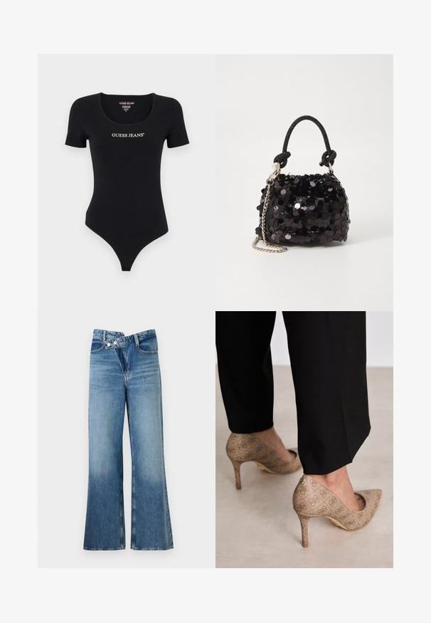 Černý bodysuit s krátkým rukávem, s výstřihem do kulata a bílým logem "GUESS JEANS". Vyrobeno z měkkého, elastického materiálu s přiléhavým střihem.; Světle modré riflové zvonové džíny s vysokým pasem, mají dva knoflíky a přední kapsy. Látka má vybledlý povrch s jemnými variacemi.; Béžové lodičky na vysokém podpatku s texturovanou látkou, která má opakující se vzor. Díky špičaté špičce, zadnímu akcentu a zlatému detailu na podpatku.; Černá mini kabelka s flitry, s uzlovým texturovaným popruhem a stříbrným řetízkem. Zaoblený tvar s nařaseným vrchem a reflexními detaily.