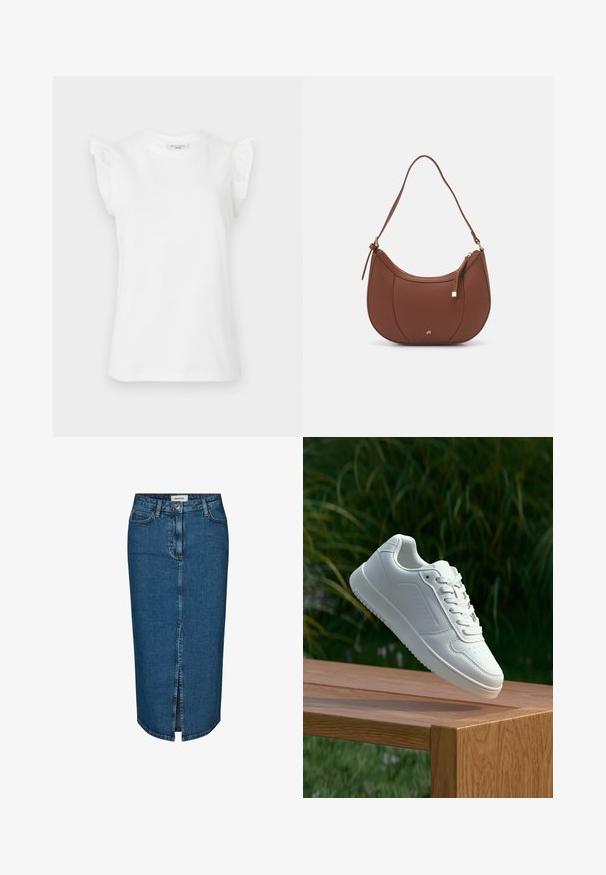 Baltos trumpomis rankovėmis medvilninės marškinėliai su raukšlėmis ant pečių ir apvaliu kaklu. Lygi tekstūra ir klasikinis siluetas.; Tamsiai mėlyna džinsinė pieštuko sijonas, turintis priekį įpjovą, penkis kišenes ir kontrastingą siuvimą. Vidutinio aukščio liemuo su klasikiniu dizainu.; Balti sneakeriai su lygia sintetine viršutine dalimi, perforuota pirštų zona, plokščiomis raištelėmis ir tekstūruotu padu, padėti ant medinės paviršiaus.; Ruda dirbtinės odos petinė piniginė su kreiva forma, minimalia siuvimo linija ir auksinės spalvos įranga. Yra užtrauktuko uždarymas viršuje ir reguliuojama petneša.