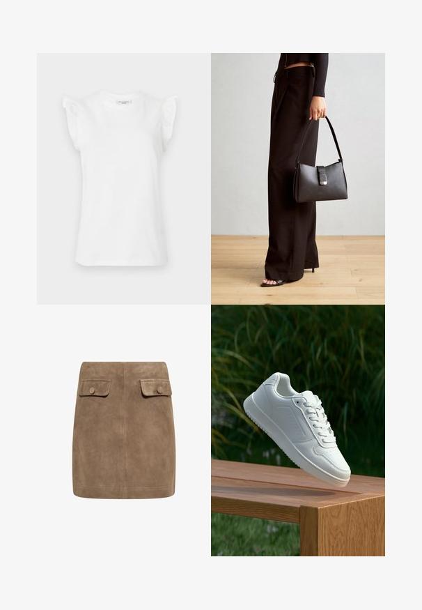 Biela krátkorpová bavlnená tričko s volánmi na pleciach a okrúhlym výstrihom. Hladká textúra a klasický strih.; Hnedá semišová mini sukňa s hladkou textúrou, ktorá má dva predné vrecká s klopou a gombíkové zapínanie na každej strane. Jednoduchý, rovný dizajn.; Biele tenisky s hladkým syntetickým zvrškom, perforovanou špičkou, plochými šnúrkami a textúrovanou podrážkou, vystavené na drevenej ploche.; Čierna kabelka so štruktúrovaným tvarom, hladkou textúrou a kovovou sponou. V kombinácii so širokými čiernymi nohavicami a sandálmi s otvorenou špičkou na drevenej podlahe.
