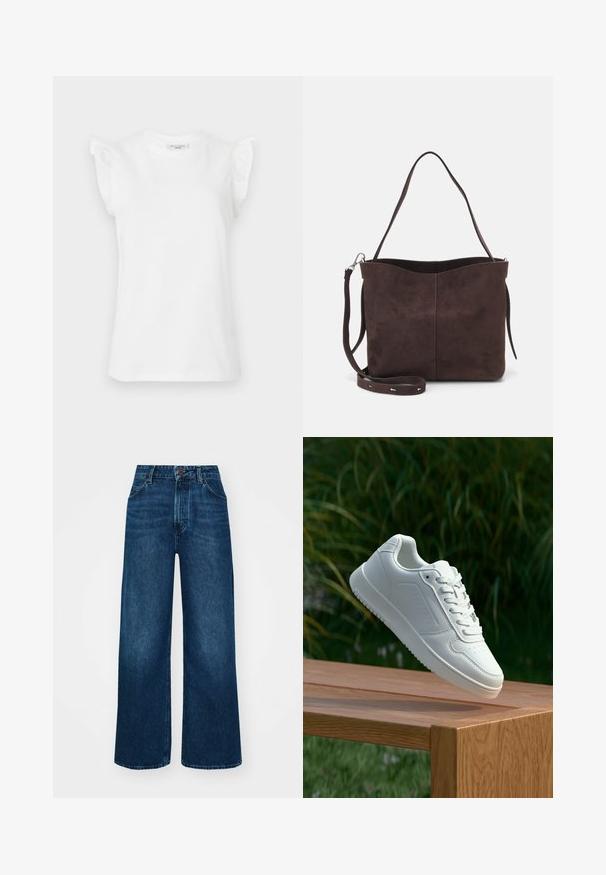 Baltos trumpomis rankovėmis medvilninės marškinėliai su raukšlėmis ant pečių ir apvaliu kaklu. Lygi tekstūra ir klasikinis siluetas.; Aukšto liemens, platėjantys džinsai tamsiai mėlynos džinsinės medžiagos su lygia tekstūra, kontrastingomis siūlėmis ir penkių kišenių dizainu. Priekinis mygtukų užsegimas.; Balti sneakeriai su lygia sintetine viršutine dalimi, perforuota pirštų zona, plokščiomis raištelėmis ir tekstūruotu padu, padėti ant medinės paviršiaus.; Ruda suede audinė su minkšta tekstūra, turinti vieną petį ir subtilų kreivinį viršutinį atidarymą. Matomų metalinių detalių nėra.