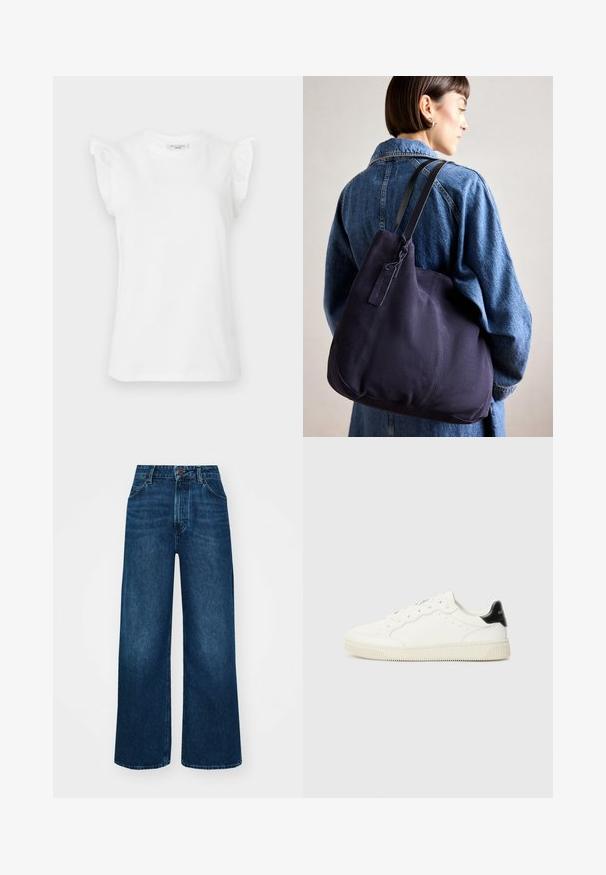 White short-sleeve t-shirt in cotton with ruffle accents on shoulders and a round neckline. Smooth texture and classic fit.; High-waisted, wide-leg jeans in dark blue denim with a smooth texture, contrast stitching, and five-pocket design. Front button closure.; White leather sneakers with round toes, lace-up front, perforated details, and a black heel accent. Textured rubber sole.; Navy canvas shoulder bag with a soft, structured shape, featuring a black strap, stitched detailing, and a small brand tag.