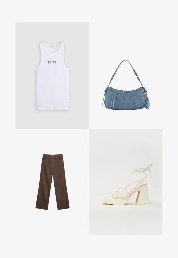 Canotta bianca di cotone con collo rotondo e spalline larghe. Presenta il logo "LEVI'S" blu ricamato sul davanti. Texture liscia.; Jeans a gamba larga marroni in denim, con vita alta, tasche anteriori e chiusura a bottone classica. Tessuto liscio con cuciture sottili.; Sandalo bianco con tacco alto, caratterizzato da un design a cinturini e un legaccio alla caviglia. Texture liscia con una piattaforma frontale per un'altezza aggiuntiva.; Borsa in denim con forma curvata, colore azzurro chiaro, tracolla regolabile e una piccola pochette staccabile con accenti metallici.