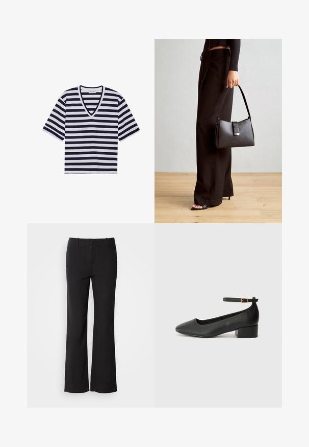 Camiseta de rayas que presenta colores azul marino y blanco, diseño de cuello en V, mangas cortas y material de algodón suave.; Pantalones de mezcla de algodón negros con un diseño de pierna recta, cierre frontal de botón y dos bolsillos laterales. Textura suave, sin patrones visibles.; Zapato de tacón negro de cuero con punta afilada y tacón bajo cuadrado. Presenta una correa para el tobillo con una hebilla en tono dorado. Textura suave.; Bolso negro con forma estructurada, textura suave y un cierre metálico. Combinado con pantalones anchos negros y sandalias de dedo en un suelo de madera.