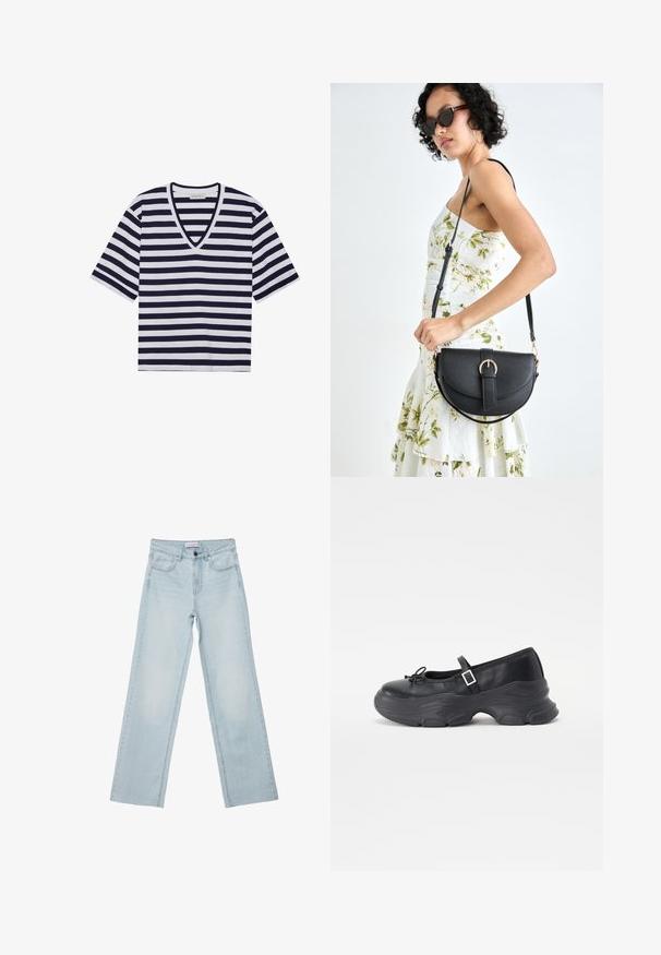 Stribet T-shirt i navy blå og hvid, med V-udskæring, korte ærmer og blødt bommateriale.; Lyseblå brede jeans lavet af denim. Har fem lommer, en knaplukning og falmede detaljer. Klassisk lige pasform med en løs pasform.; Sorte læder Mary Jane-sko med rund tå, sløjfedetalje og justerbar ankelrem. Har en robust gummisål med buede accenter.; Sort læderhåndtaske med en buet form, aftagelig rem og guldfinish. Tasken har en klap med en spænde detalje.