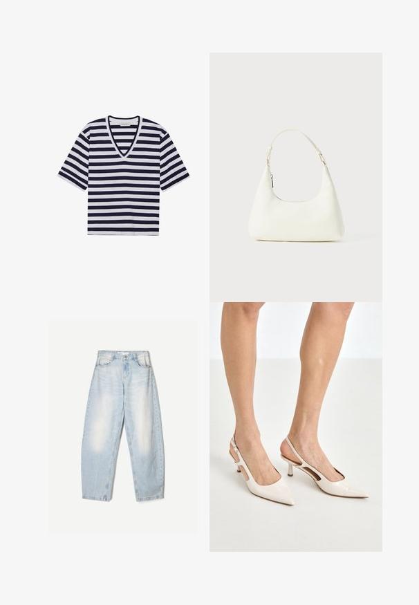Striped T-shirt featuring navy blue and white colors, V-neck design, short sleeves, and soft cotton material.; Light blue denim jeans with a loose fit, featuring a faded finish, two front pockets, and a button closure at the waistband.; Beige patent leather slingback heels with a pointed toe and 5 cm heel, featuring cut-out sides and a thin ankle strap.; Small white shoulder bag with a single adjustable strap and a zipper closure, set against a plain white background.