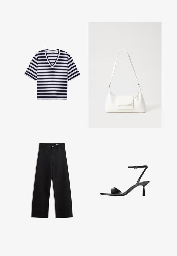 Striped T-shirt featuring navy blue and white colors, V-neck design, short sleeves, and soft cotton material.; Black wide-leg denim pants with a high waist, featuring front and back pockets, stitched seams, and a button closure. Smooth texture.; Bershka High heeled sandals - black; White synthetic handbag with a triangular shape, flat front flap and bow detail, adjustable strap, smooth texture, and minimalistic design.