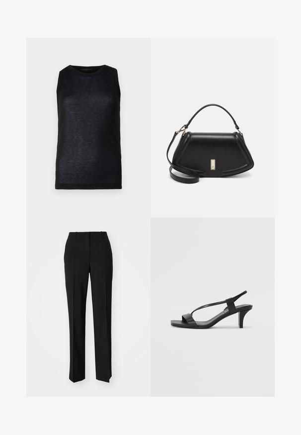Black sleeveless top made of lightweight material. Features a round neckline and smooth texture with subtle sheen. Simple design, no patterns.; Black tailored trousers with a straight-leg design, featuring a smooth texture and crisp creases along the front. No visible hardware.; Black heeled sandals with a slender strap design, square toe, and a mid-height block heel. Made from smooth leather with a matte finish.; Black leather handbag with a structured design, featuring a cropped shape, top handle, and gold hardware accent. Adjustable shoulder strap included.