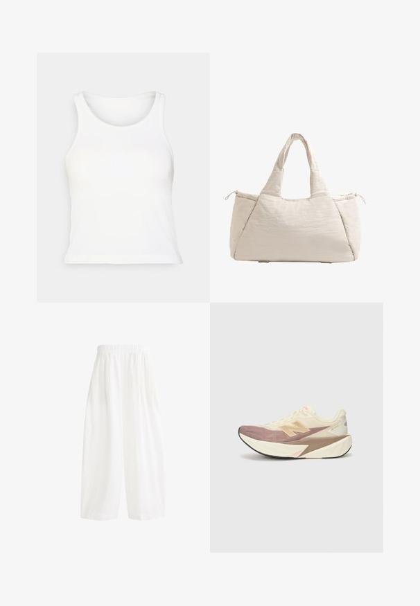 Biała, prążkowana koszulka na ramiączkach z okrągłym dekoltem i bez rękawów. Miękka tekstura, dopasowany kształt i prosty dół. Bez wzorów ani akcentów.; Białe, wysokie szerokie spodnie z elastycznym pasem i miękkim, teksturowanym materiałem. Projekt zawiera fałdy, które dodają objętości.; Buty biegowe z kremową cholewką, różowymi akcentami i szarymi detalami. Posiadają grubą podeszwę o teksturowanej powierzchni i wyraźnym logo.; Beżowa pikowana torba na ramię z dwoma uchwytami, zaokrąglonym kształtem, teksturowanym materiałem i boczną kieszenią ze sznurkiem. Gładkie wykończenie, minimalistyczny design.