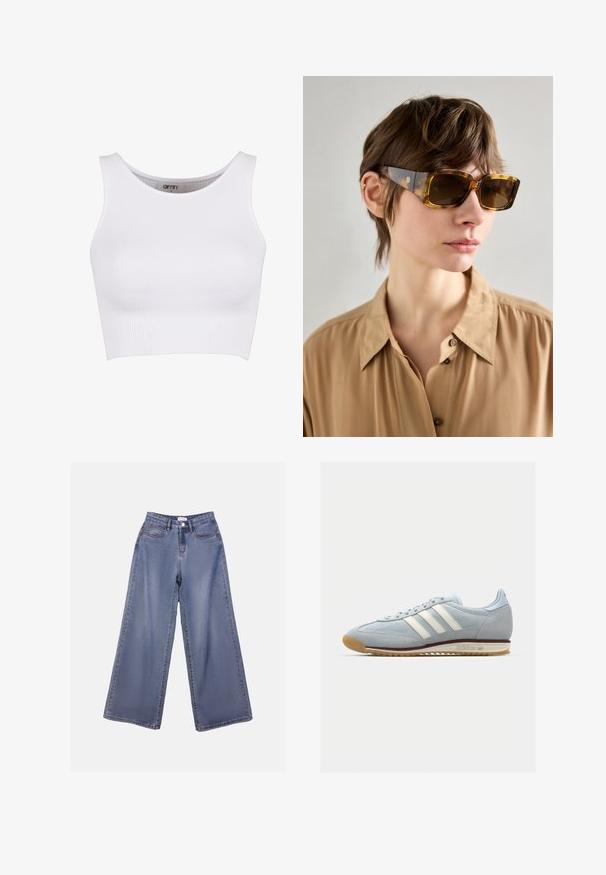 White ribbed crop top with a rounded neckline and wide straps. Features a stretchy texture, designed for comfort and ease of movement.; Wide-leg denim jeans in a light blue wash, featuring a high waist, front pockets, and a button closure with belt loops.; Light blue suede sneaker with white three stripes, rubber sole, and textured mesh. Features a smooth toe cap and branding on the heel.; Brown tortoiseshell sunglasses with large rectangular lenses and thick sides, featuring subtle branding on one arm. Smooth, glossy finish.