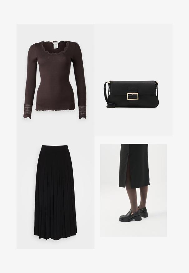 Rosemunde BENITA O NECK - Top dugih rukava - dark espresso; Crna plisirana suknja s visokim, rastezljivim pojasom. Izrađena od mekog materijala, s vertikalnim plisama koje stvaraju lepršav siluetu.; Crne kožne cipele s zaobljenim vrhom, debelim blok petama i elastičnim bočnim detaljima, uparene s tamnim čarapama i crnom suknjom s prorezom.; Crna kožna clutch torbica s preklopom i zlatnim metalnim detaljem kopče. Uključuje crnu trakicu i elegantan, minimalistički dizajn.