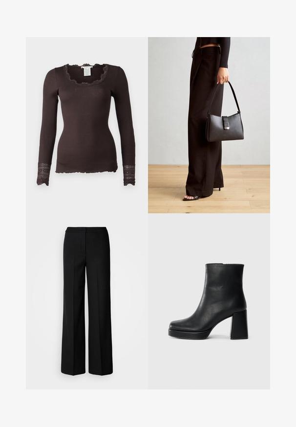 Rosemunde BENITA O NECK - Langarmshirt - dark espresso; Schwarze weit geschnittene Hosen aus glattem Stoff mit hoher Taille, taillierten Nähten und minimalistischer Gestaltung. Keine sichtbaren Beschläge oder Taschen.; Schwarze Leder-Stiefelette mit Blockabsatz und Plattformsohle, seitlich auf einem schlichten weißen Hintergrund betrachtet.; Schwarze Handtasche mit strukturierter Form, glatter Textur und einem metallischen Verschluss. Kombiniert mit weiten schwarzen Hosen und offenen Sandalen auf einem Holzboden.