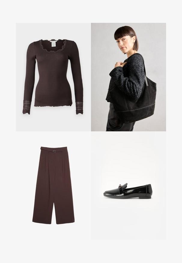 Rosemunde BENITA ciemnobrązowy; Stradivarius - Spodnie materiałowe; Czarne lakierowane loafery z płaską podeszwą, zaokrąglonym noskiem i dekoracyjnym paskiem z złotym akcentem. Gładkie, błyszczące wykończenie.; Czarna torba tote zamszowa o gładkiej fakturze, strukturalnym kształcie i kontrastowym przeszyciu. Posiada długie rączki do noszenia na ramieniu.