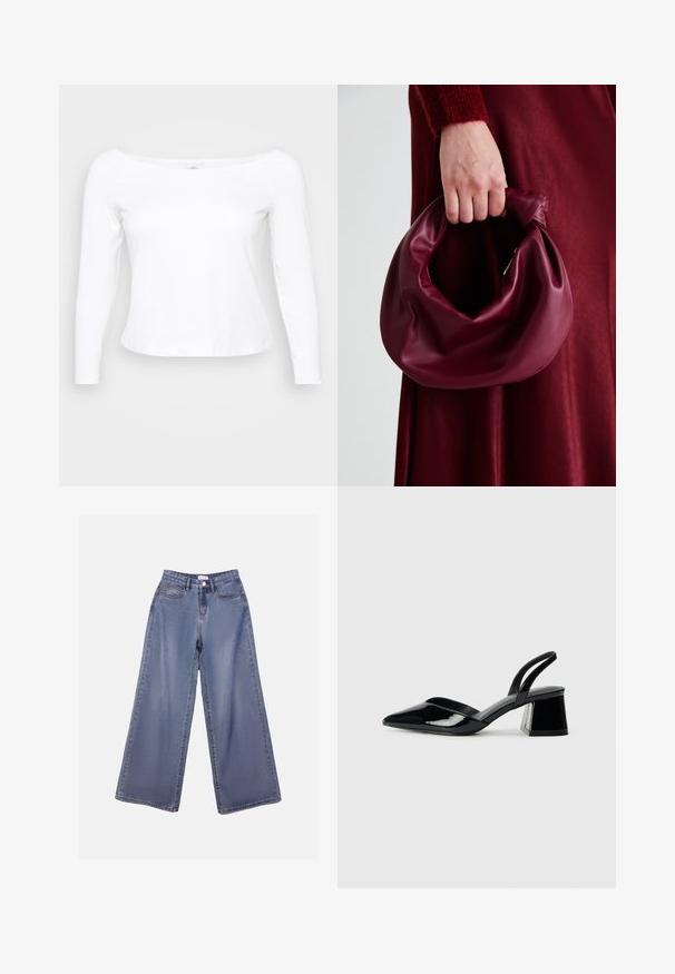 Camisa branca de manga longa com um decote amplo, feita de um material suave e liso. Apresenta um design ajustado e uma bainha curta.; Calças de ganga de perna larga numa lavagem azul clara, com uma cintura alta, bolsos frontais e fecho de botão com passadores para cinto.; Sandy em verniz preto com salto slingback, ponta afilada e salto geométrico. Apresenta um design elegante e minimalista com textura suave.; Bolsa de couro bordô com um design suave e franzido, e uma forma arredondada. A alça é fixa, apresentando uma textura suave.