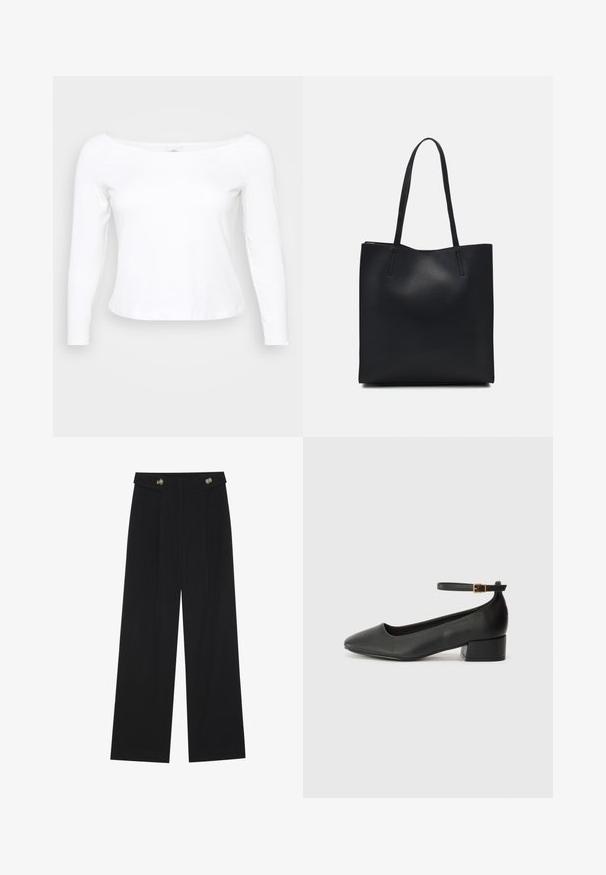White long-sleeve shirt with a wide neckline, made of soft, smooth material. Features a fitted design and a cropped hem.; Black wide-leg trousers with high waist, button details on waistband, and front pleats.; Black leather pump with a pointed toe and a low block heel. Features an ankle strap with a gold-tone buckle. Smooth texture.; Black leather tote bag with smooth texture, rectangular shape, and two long handles. No visible hardware or embellishments.