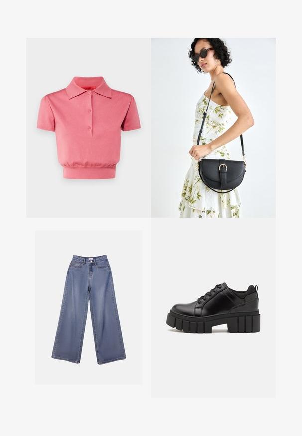 Lyserød kortærmet polo med krave, fem-knaps lukning og fitted, samlet talje. Glat strikstof.; Bredde denim jeans i en lys blå vask, med høj talje, forlommer og knaplukning med bæltestropper.; Sorte læder platform sko med en klodset blokhæl, rund tå og traditionelt snøredesign. Har en glat tekstur og minimal detaljering.; Sort læderhåndtaske med en buet form, aftagelig rem og guldfinish. Tasken har en klap med en spænde detalje.