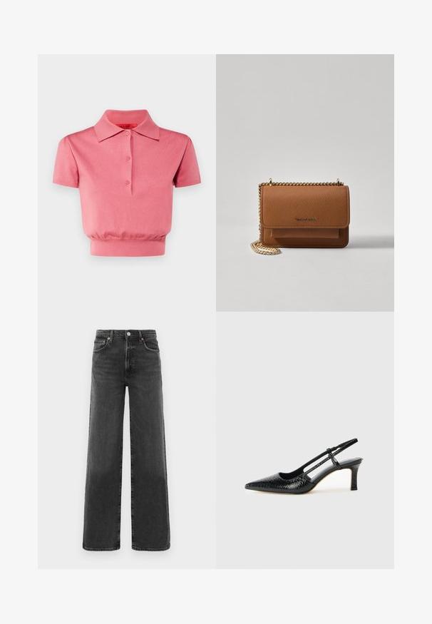 Roze polo shirt met korte mouwen, kraag, vijfknopen-gedeelte en een aansluitende, gathers taille. Soepele breigoed stof.; Zwarte high-waist straight leg denim jeans met een voorste knoop en ritssluiting, twee voorzakken en twee achterzakken.; Zwart patent slingback hak met een spitse neus, voorzien van een gestructureerde slangenprint, verstelbare band en een korte, gestructureerde blokhak.; Bruine lederen schoudertas met textuur, voorzien van een gouden kettingstrap en klepsluiting. De voorkant heeft een logo-detail en een zak onder de klep.