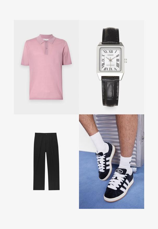 Polo a maniche corte di colore rosa chiaro. Caratterizzato da un colletto classico con patta a due bottoni. Realizzato in morbido materiale a maglia liscia.; Pantaloni neri con un design a gamba dritta, realizzati in un tessuto liscio. Presentano pieghe frontali e una chiusura a un bottone in vita.; Sneakers in suede nero con lacci bianchi e tre strisce bianche. Presentano un logo circolare nero sulla linguetta e una suola in gomma color gomma.; Orologio quadrato argento con quadrante bianco, numeri romani neri e testo "RESISTENTE ALL'ACQUA". Cinturino in pelle nera con finitura testurizzata.