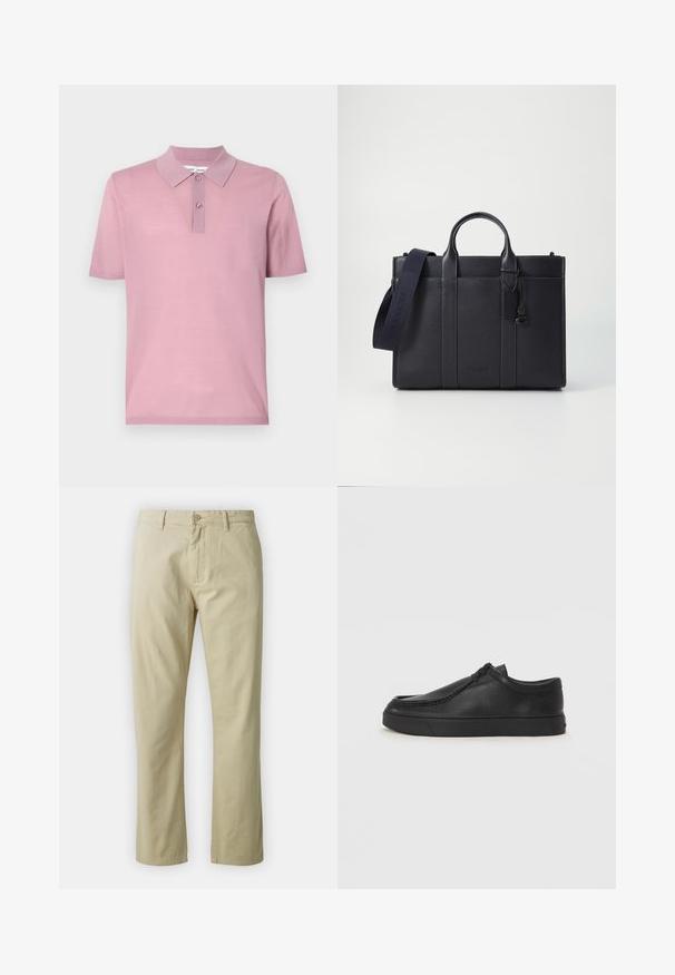 Valdā īsās piedurknes polo krekls gaiši rozā krāsā. Apģērba klasiskā apkakle ar divu pogu aizdari. Izgatavots no mīksta, gluda adīta materiāla.; Beidzīgo kokvilnas bikses ar taisnu kāju piegriezumu, priekšējo pogu aizdari un jostas cilpām. Gluda tekstūra, nav redzamu rakstu vai akcentu.; Melnas ādas slip-on kurpes ar noapaļotu purngalu, šūšanas detaļām un melnu gumijas zoli. Gluda tekstūra ar minimālistisku dizainu.; Tumši jūras zila ādas portfelis ar divām augšējām rokturiem un noņemamu siksnu. Ar teksturētu apdari, vertikālām šuvēm un logo detaļu.