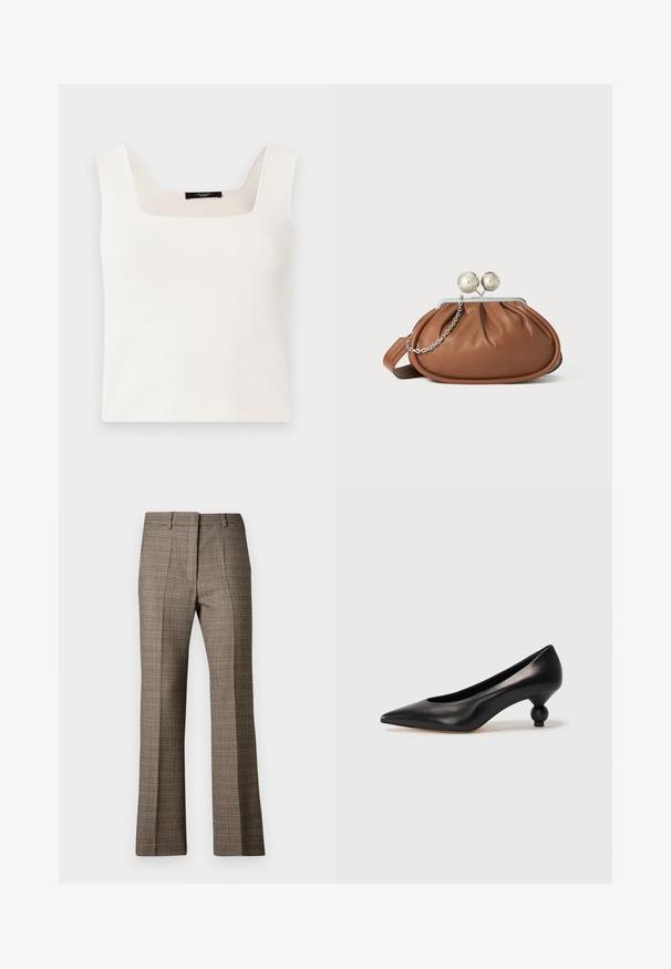 Ærmeløs hvid top med firkantet halsudskæring, lavet af et glat, blødt stof. Har en afslappet pasform og minimalistisk design.; Bruneternet bukser med lige ben, der har et tekstureret stof og subtile farver af beige og mørkere brune nuancer i mønsteret.; Sort læder høje hæle med spids tå og rund, kugleformet hæl. Glat tekstur med et stilrent, minimalistisk design.; Brun læder clutch-pung med sølv kugleklap og en lille sølv kædedetalje på en hvid baggrund.