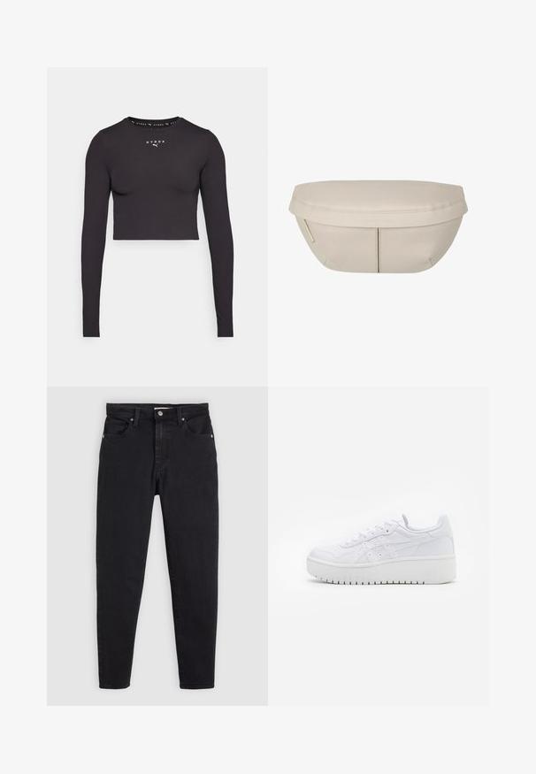 Svart cropped långärmad tröja gjord av stretchmaterial. Har en rund halsringning och en centrerad vit logotyp. Slät textur, välsittande form.; Svarta slim-fit jeans med knapp- och dragkedjestängning, femfickorsdesign och bältesömmar på en ljusgrå bakgrund.; Vita plattformssneakers i slät läderstruktur, med perforerad detaljering och platta snörningar; har en tjock vit gummisula.; Beige tygpås med rundad form, med en platt topp och subtila sömdetaljer. Inkluderar en minimalistisk logotyp och en sidoremsa.