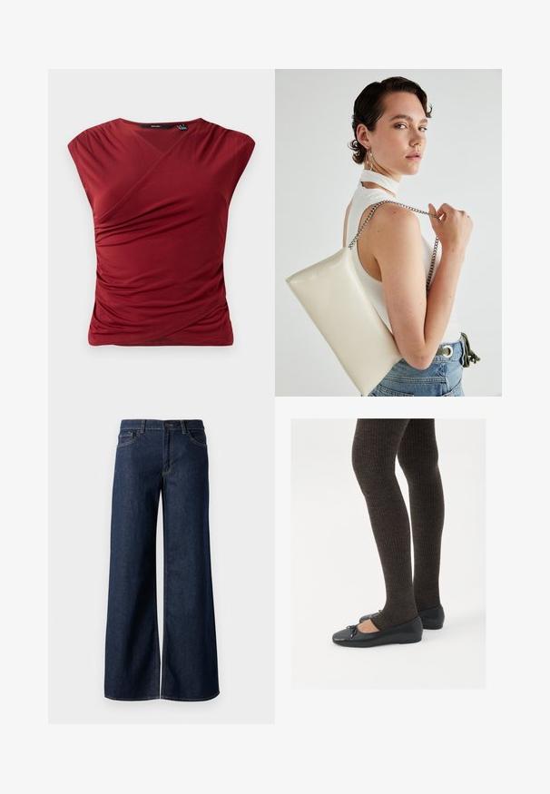 Červený top s krátkymi rukávmi a prešívaným dizajnom, s naťahovanou textúrou po boku a hladkým, jemným povrchom látky.; Džínsy s širokými nohavicami v tmavomodrom denime. Obsahujú kontrastné prešívanie, päť vreciek a gombíkový zips v oblasti pása. Hladká textúra.; Čierne ploché topánky s malou mašľou na špičke, v kombinácii s tmavohnedými rebrovanými pančuchami. Topánky majú hladký povrch a nízky profil.; Biely obdĺžnikový kabelka z lesklého materiálu s strieborným reťazovým popruhom. Model predvádza kabelku na jednotnom pozadí.